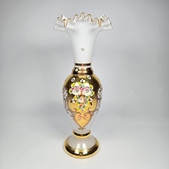 Other - Vintage Bohemian Czech Gold Gilt Raised Enamel Hand-painted Vase Urn Ruffled 10"